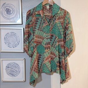 MOA USA Green Multicolor Geometric Semi Sheer Tunic Top Blouse Size M